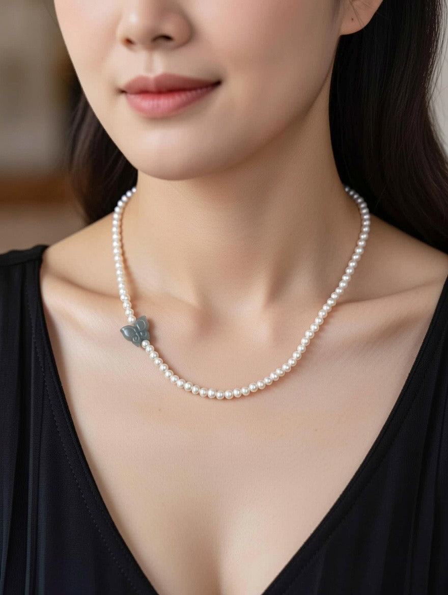 Saltwater Pearl and Jade Butterfly Necklace